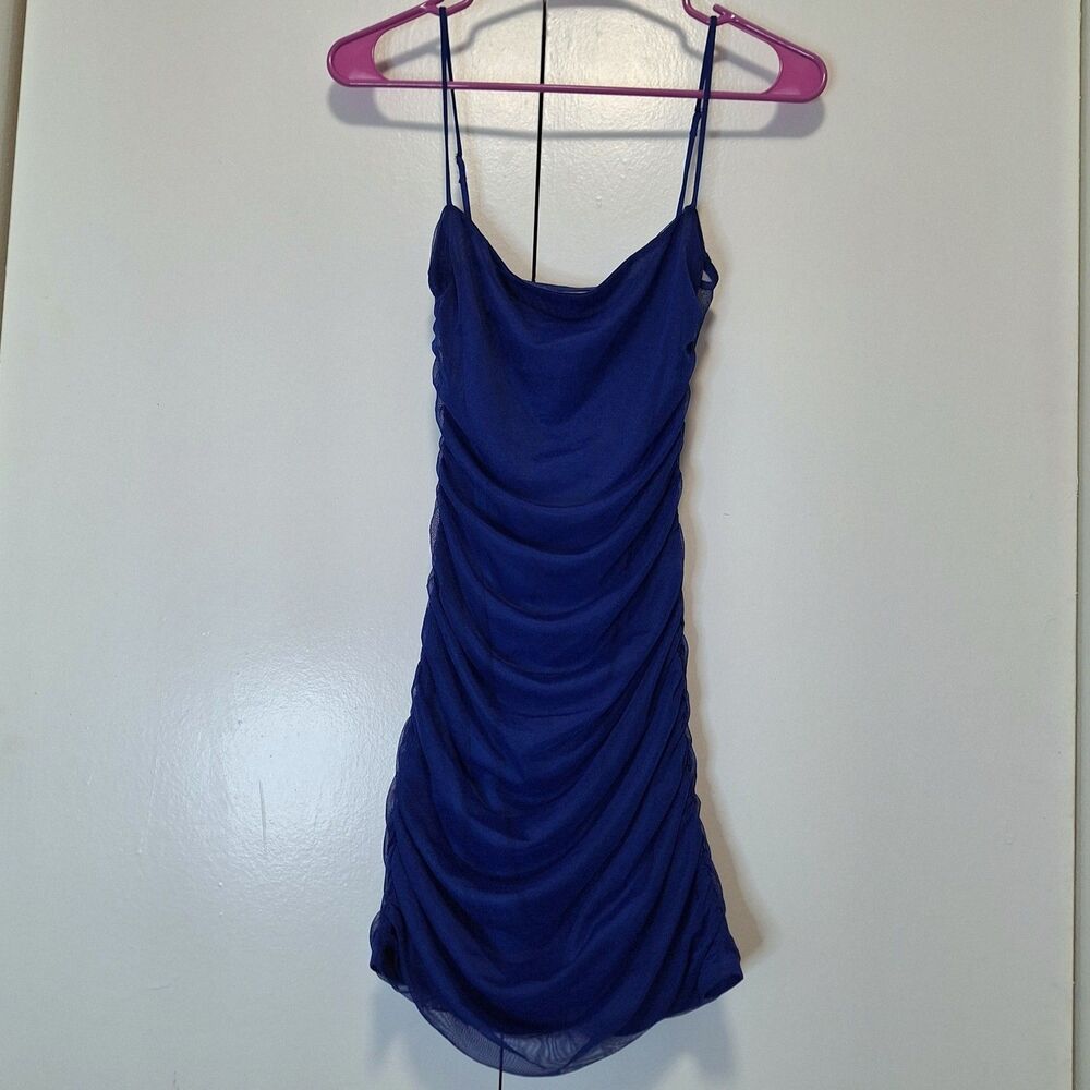 Lucy in the Sky Dress Small Bodycon Mesh Cobalt Blue Ruched Back Cutout Backless